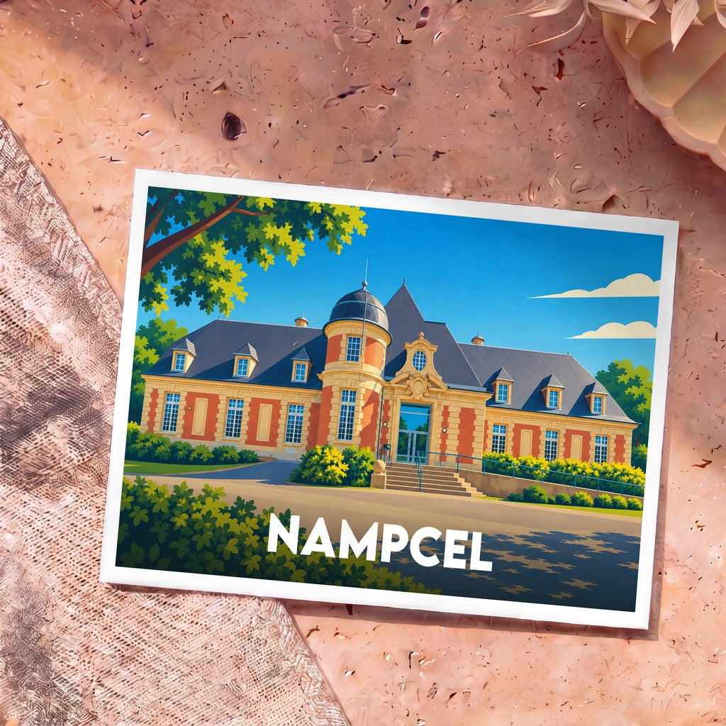 Carte postale souvenir de la ville de Nampcel avec une illustration stylisée d'un château.