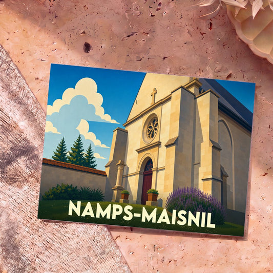 Carte postale souvenir de la ville de Namps-Maisnil avec une illustration stylisée d'une église sous un ciel bleu.