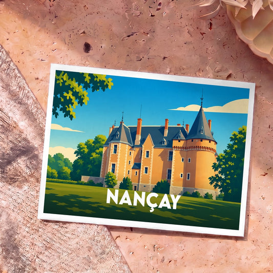 Carte postale souvenir de la ville de Nançay avec une illustration stylisée de son château.