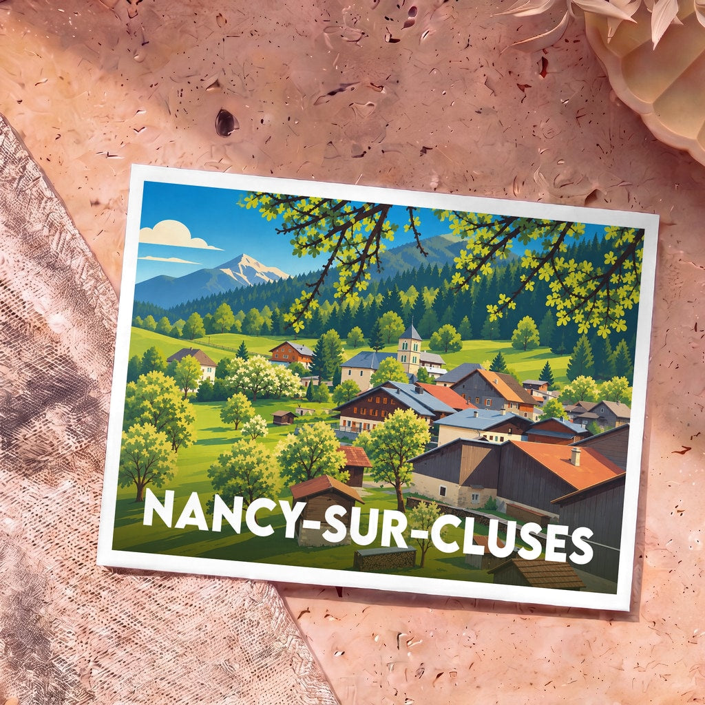 Carte postale souvenir de Nancy-sur-Cluses avec une illustration stylisée d'un village de montagne.