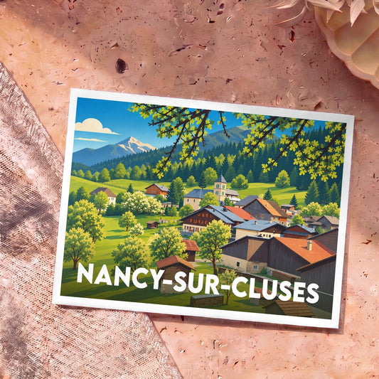 Carte postale souvenir de Nancy-sur-Cluses avec une illustration stylisée d'un village de montagne.