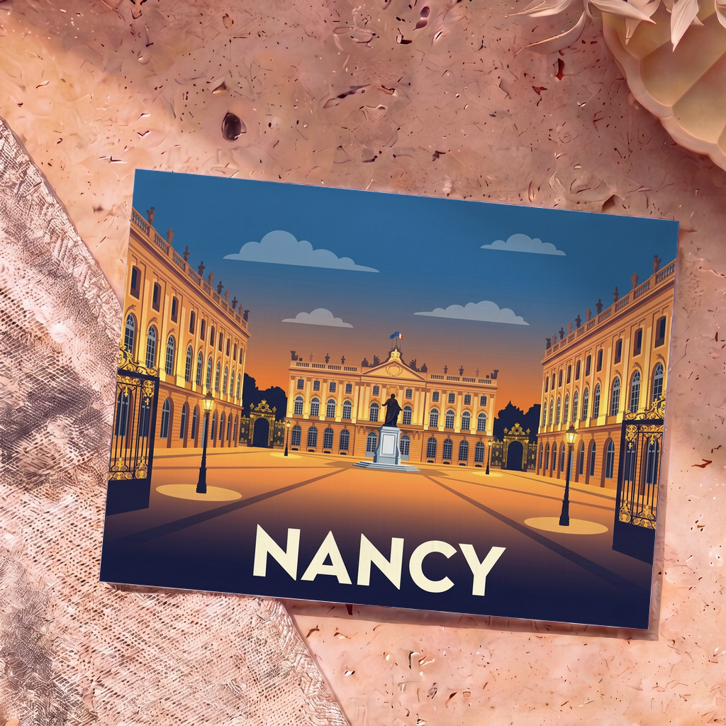Carte postale souvenir de la ville de Nancy avec une illustration stylisée de la place Stanislas au crépuscule.