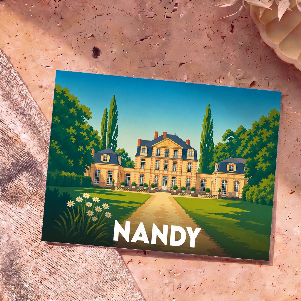 Carte postale souvenir de la ville de Nandy avec une illustration stylisée de son château.