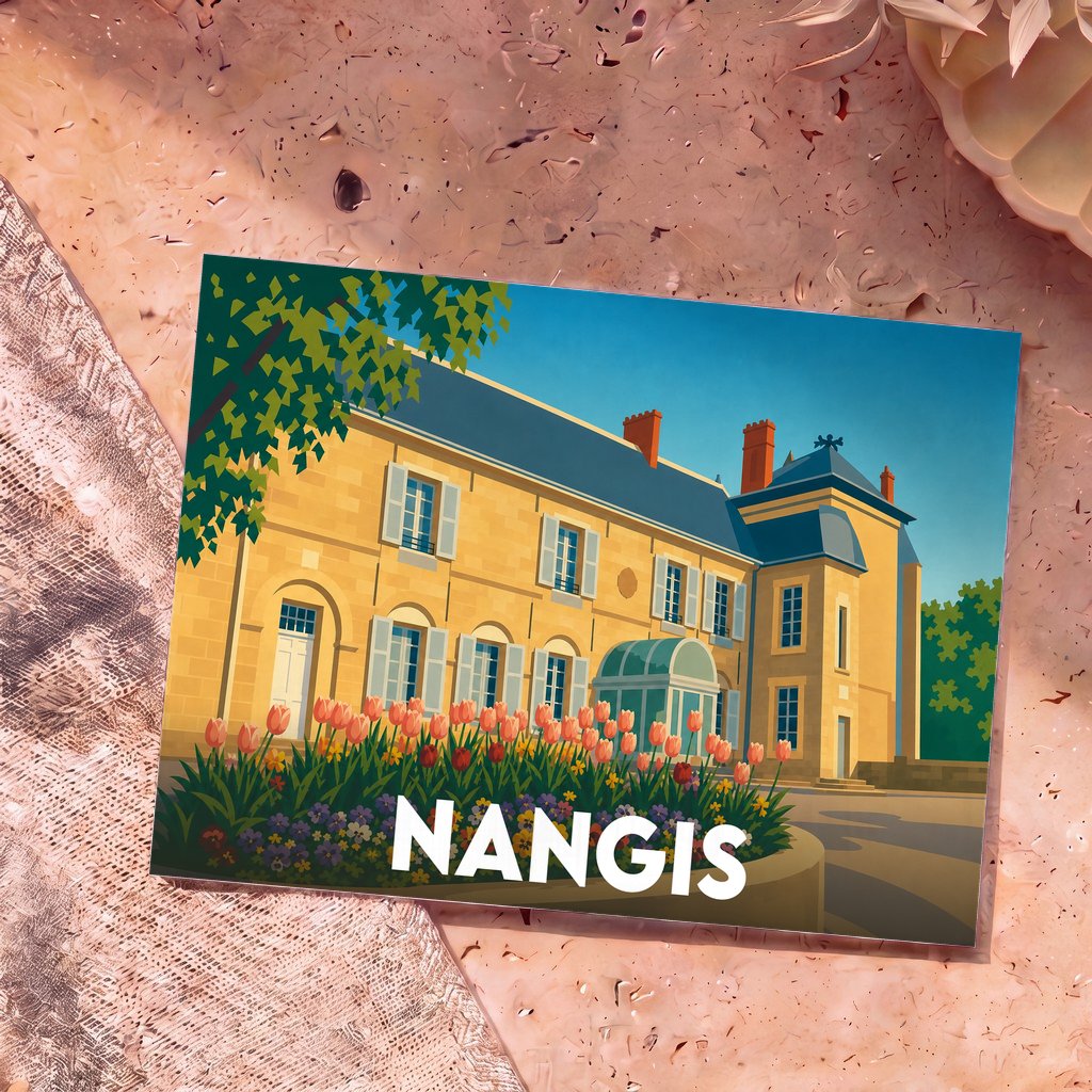 Carte postale souvenir de la ville de Nangis avec une illustration stylisée de son château et de parterres de fleurs.