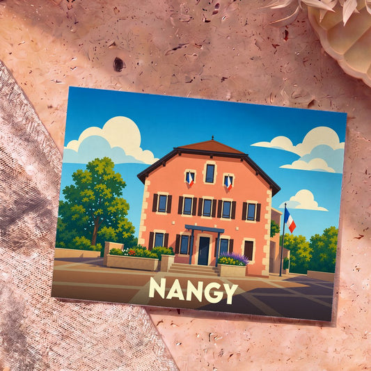 Carte postale souvenir de la ville de Nangy avec une illustration stylisée d'un bâtiment typique.