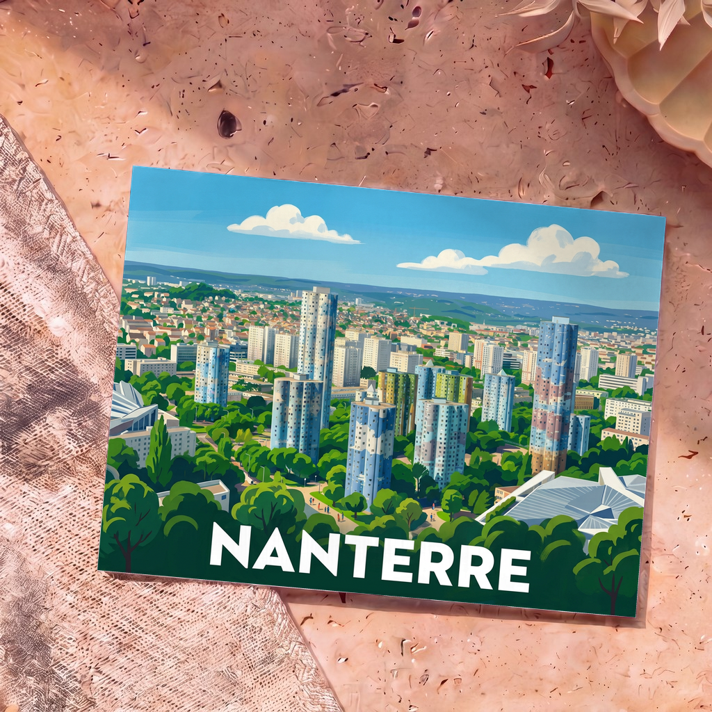 Carte postale souvenir de la ville de Nanterre avec une illustration stylisée de ses célèbres tours nuages.