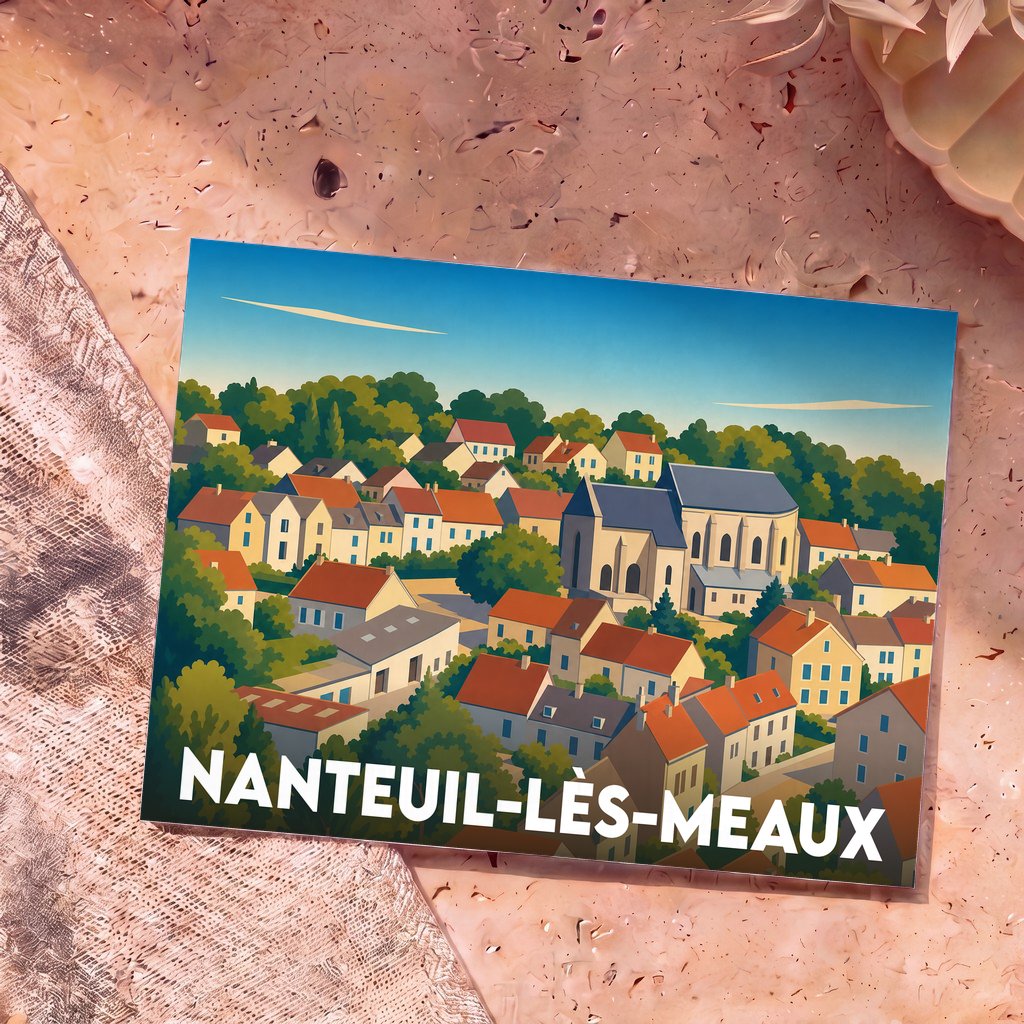 Carte postale souvenir de la ville de Nanteuil-lès-Meaux avec une illustration stylisée et colorée.