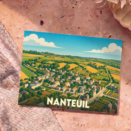 Carte postale souvenir de la ville de Nanteuil arborant une illustration stylisée et colorée de son paysage rural.