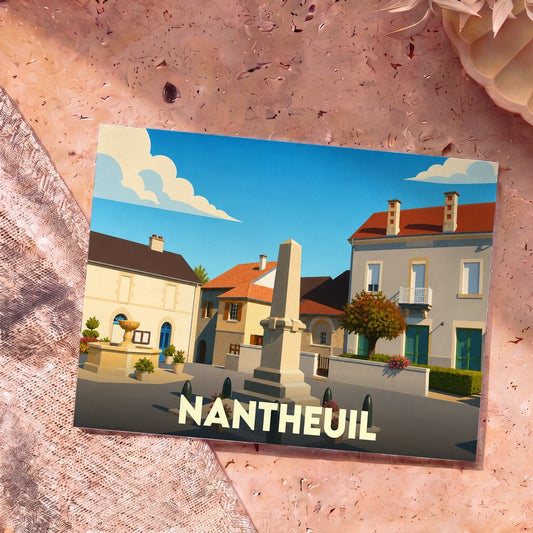 Carte postale souvenir de la ville de Nantheuil avec une illustration stylisée montrant une place ensoleillée et son monument.