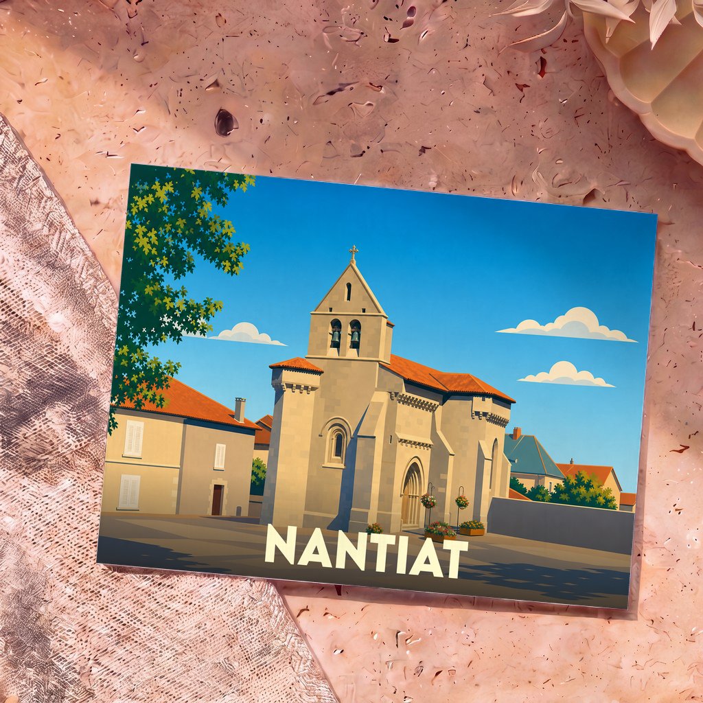 Carte postale souvenir de la ville de Nantiat avec une illustration stylisée de son église.