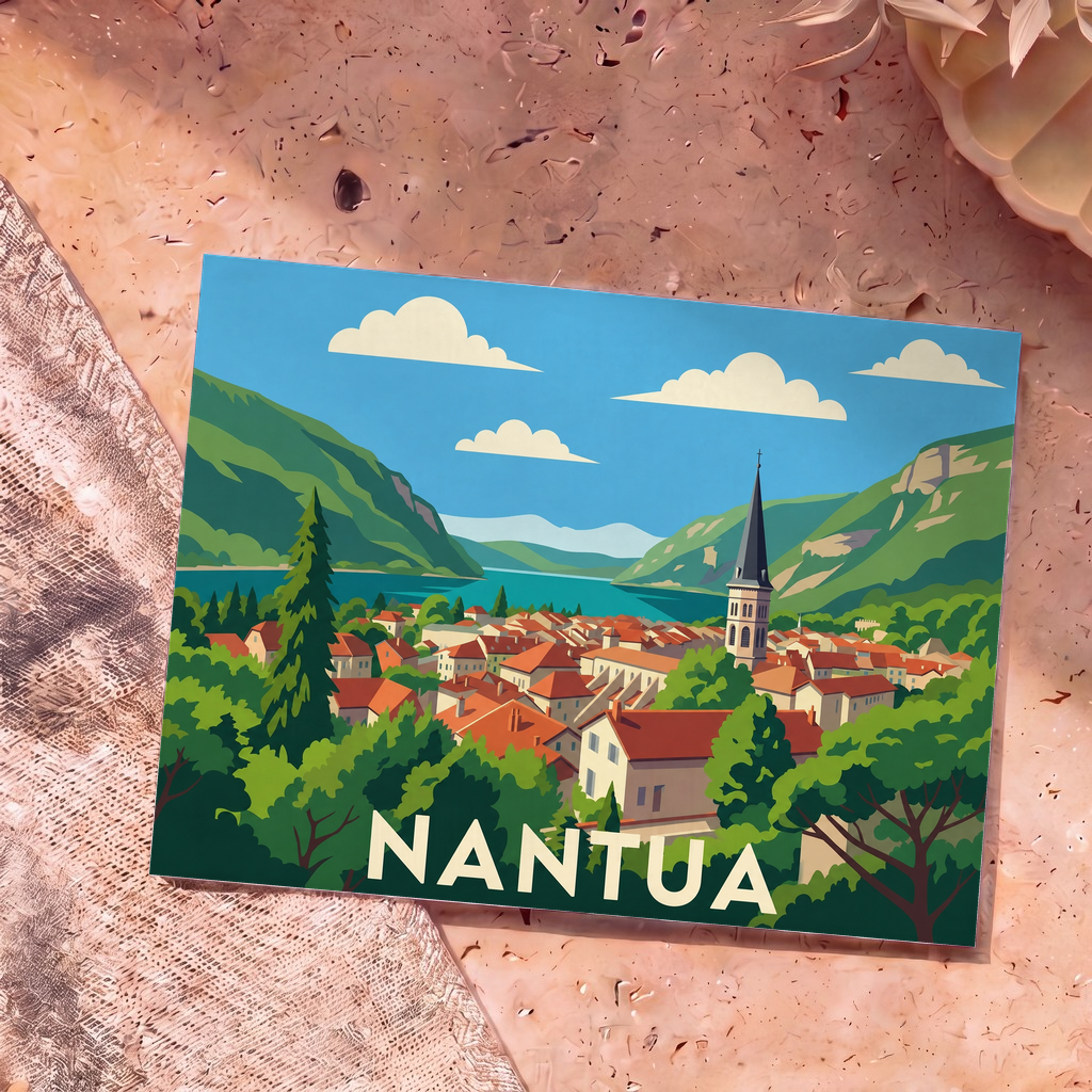 Carte postale souvenir de la ville de Nantua avec une illustration stylisée.