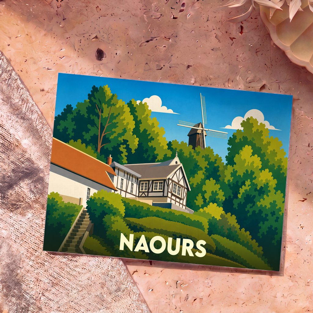 Carte postale souvenir de la ville de Naours avec une illustration stylisée d'un moulin et d'une maison à colombages.