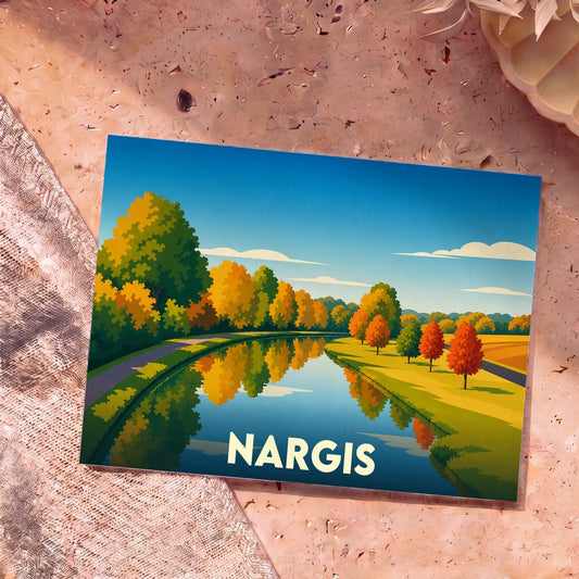 Carte postale souvenir de la ville de Nargis avec une illustration stylisée d'un paysage d'automne au bord de l'eau.