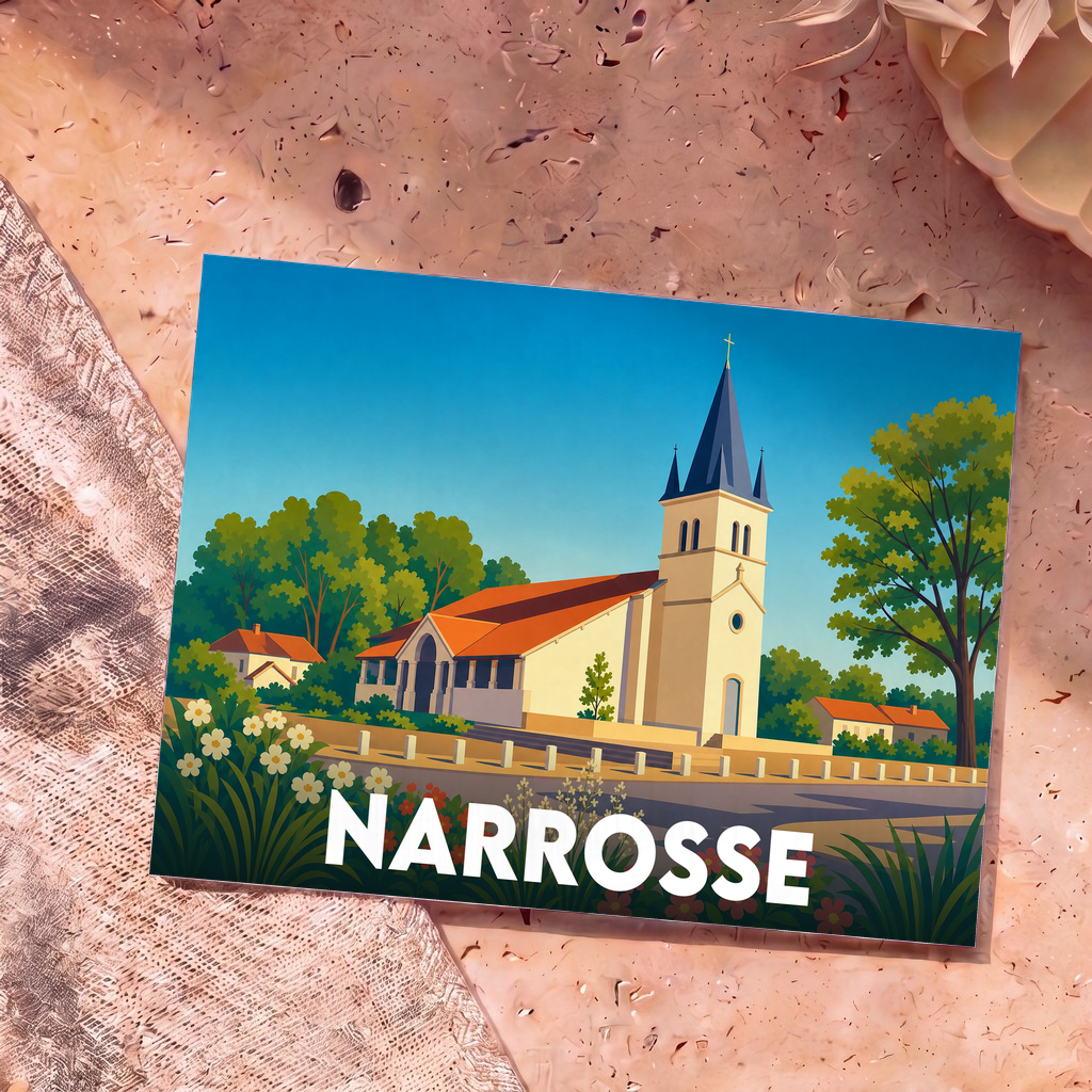 Carte postale souvenir de la ville de Narrosse illustrant son église dans un style graphique et coloré.