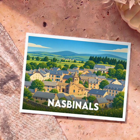 Carte postale souvenir de la ville de Nasbinals avec une illustration stylisée.