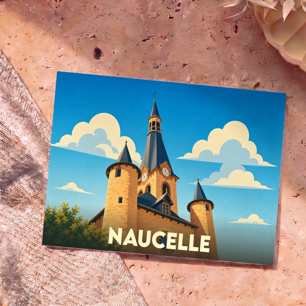 Carte postale souvenir de la ville de Naucelle avec une illustration stylisée de son clocher.