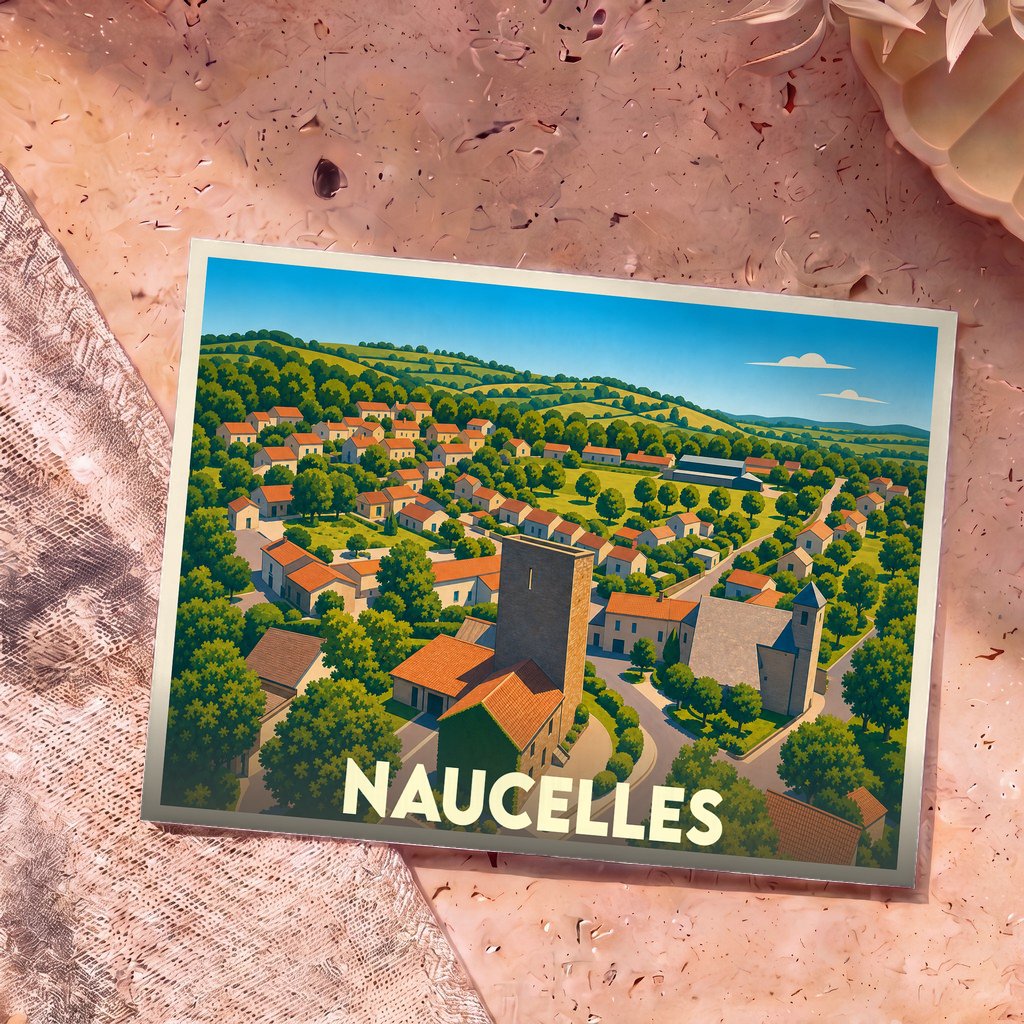 Carte postale souvenir de la ville de Naucelles avec une illustration stylisée et colorée.