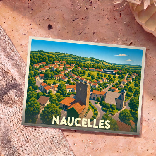 Carte postale souvenir de la ville de Naucelles avec une illustration stylisée et colorée.