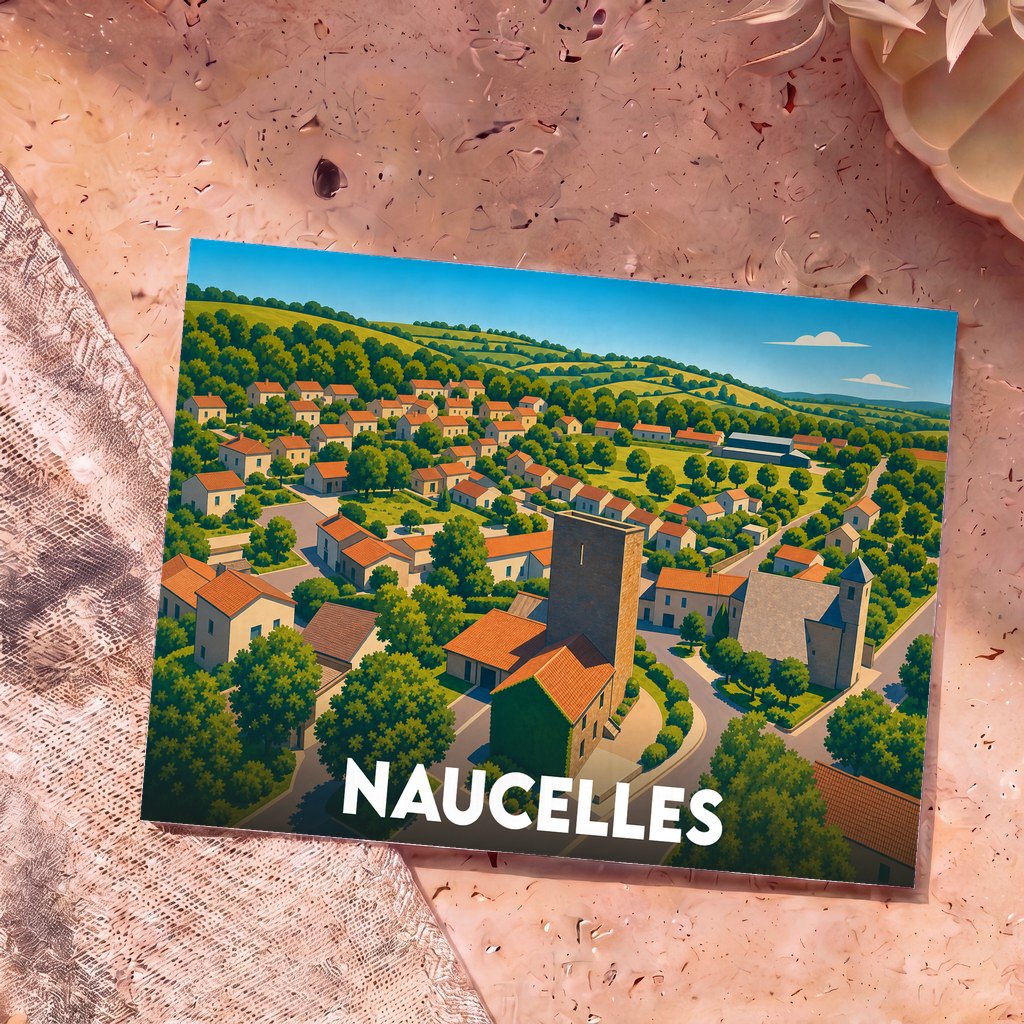 Carte postale souvenir de la ville de Naucelles avec une illustration stylisée et colorée.