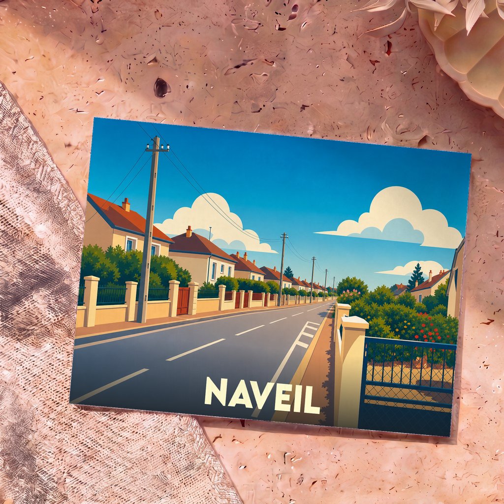 Carte postale souvenir de la ville de Naveil avec une illustration stylisée d'une rue résidentielle sous un ciel bleu.