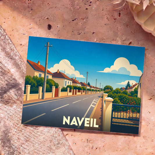 Carte postale souvenir de la ville de Naveil avec une illustration stylisée d'une rue résidentielle sous un ciel bleu.