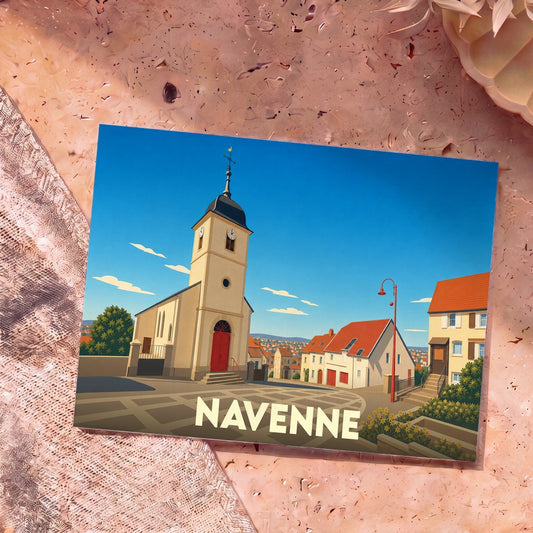 Carte postale souvenir de la ville de Navenne avec une illustration stylisée de son église et de ses maisons.