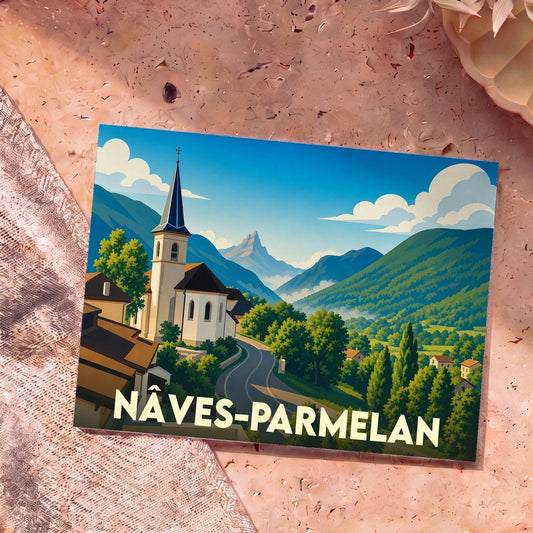Carte postale souvenir de la commune de Nâves-Parmelan avec une illustration stylisée de son église face aux montagnes.