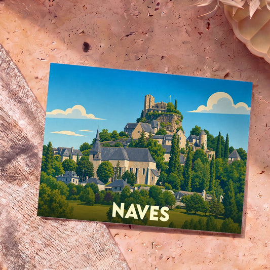 Carte postale souvenir de la ville de Naves illustrant son village perché et son château dans un style graphique épuré.
