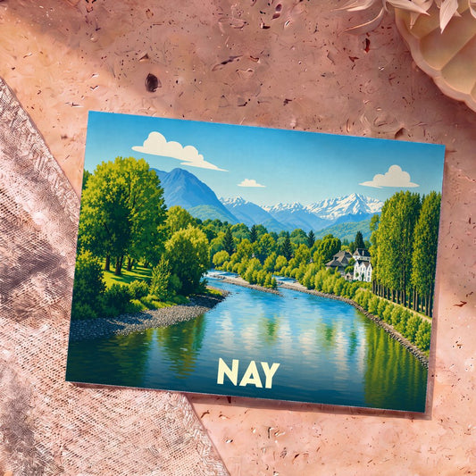 Carte postale souvenir de la ville de Nay avec une illustration stylisée d'une rivière bordée d'arbres face aux montagnes.