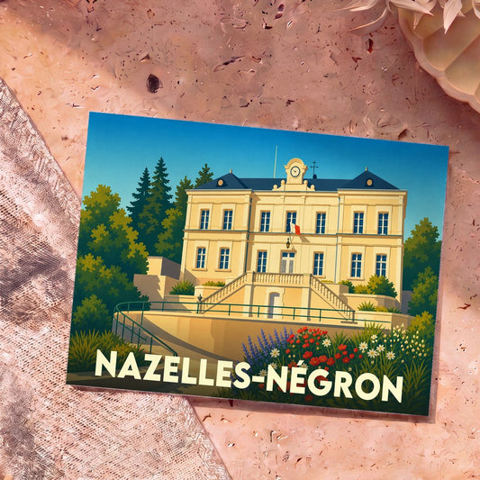 Carte postale souvenir de la commune de Nazelles-Négron arborant une illustration stylisée de son hôtel de ville.