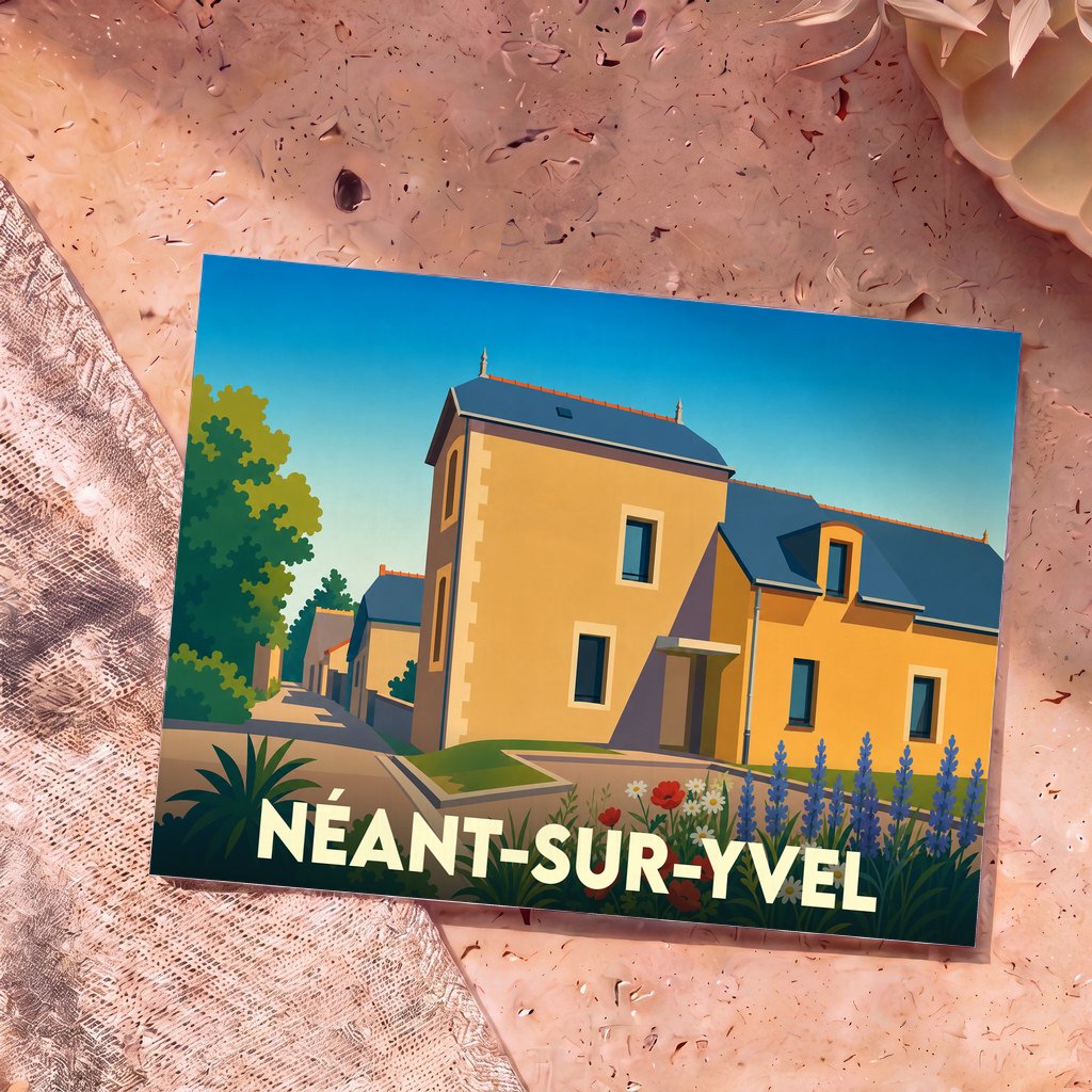 Carte postale souvenir de la commune de Néant-sur-Yvel présentant une illustration stylisée de maisons colorées sous un ciel bleu.