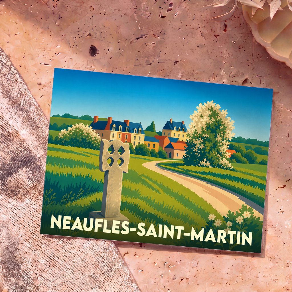Carte postale souvenir de Neaufles-Saint-Martin avec une illustration colorée et stylisée de son paysage champêtre.