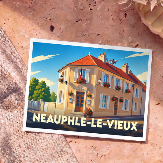 Carte postale souvenir de Neauphle-le-Vieux illustrant une maison de ville typique sous un ciel bleu.
