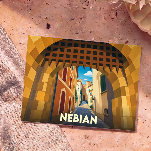 Carte postale souvenir de la ville de Nébian illustrant une ruelle médiévale à travers une porte fortifiée.