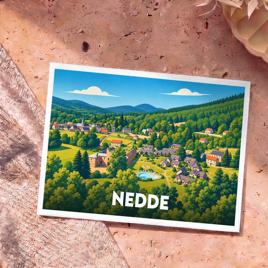Carte postale souvenir de la ville de Nedde avec une illustration stylisée d'un village niché dans une vallée verdoyante.