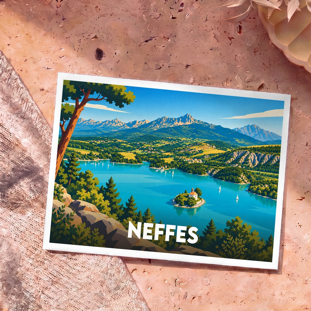 Carte postale souvenir de la ville de Neffes avec une illustration stylisée d'un lac de montagne.