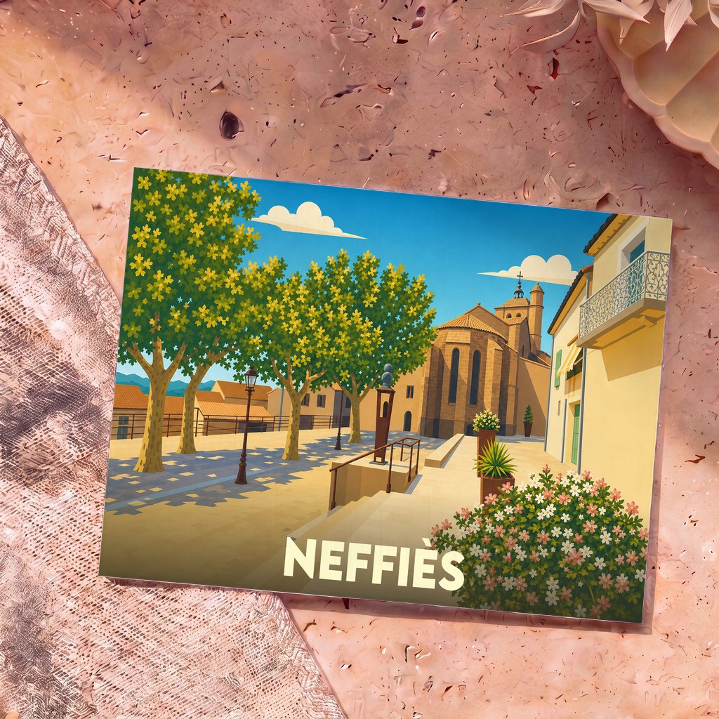Carte postale souvenir de la ville de Neffiès avec une illustration stylisée de sa place arborée et de son église.