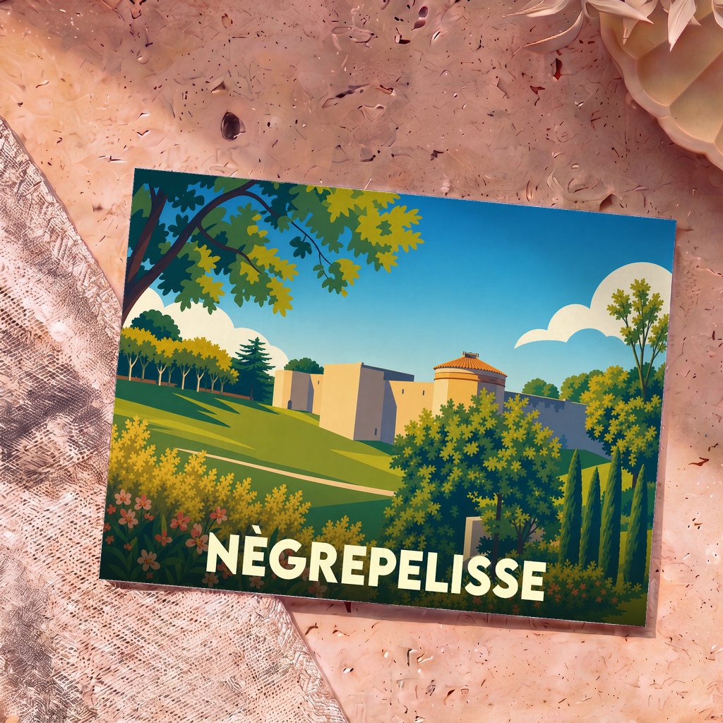 Carte postale souvenir de la ville de Nègrepelisse avec une illustration stylisée de son château et de sa verdure.