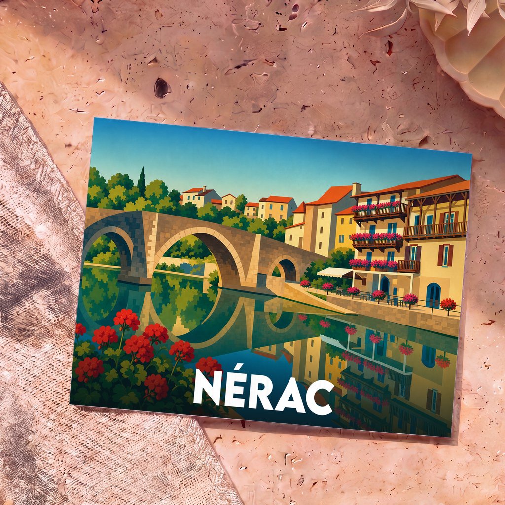 Carte postale souvenir de la ville de Nérac avec une illustration stylisée de son pont médiéval et des maisons colorées au bord de l'eau.