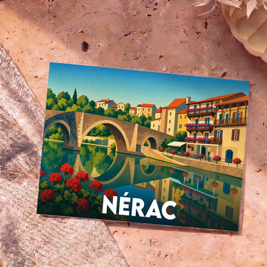 Carte postale souvenir de la ville de Nérac avec une illustration stylisée de son pont médiéval et des maisons colorées au bord de l'eau.