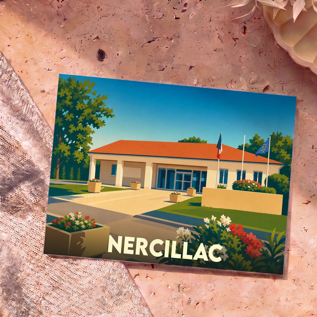 Carte postale souvenir de la ville de Nercillac avec une illustration stylisée de sa mairie.