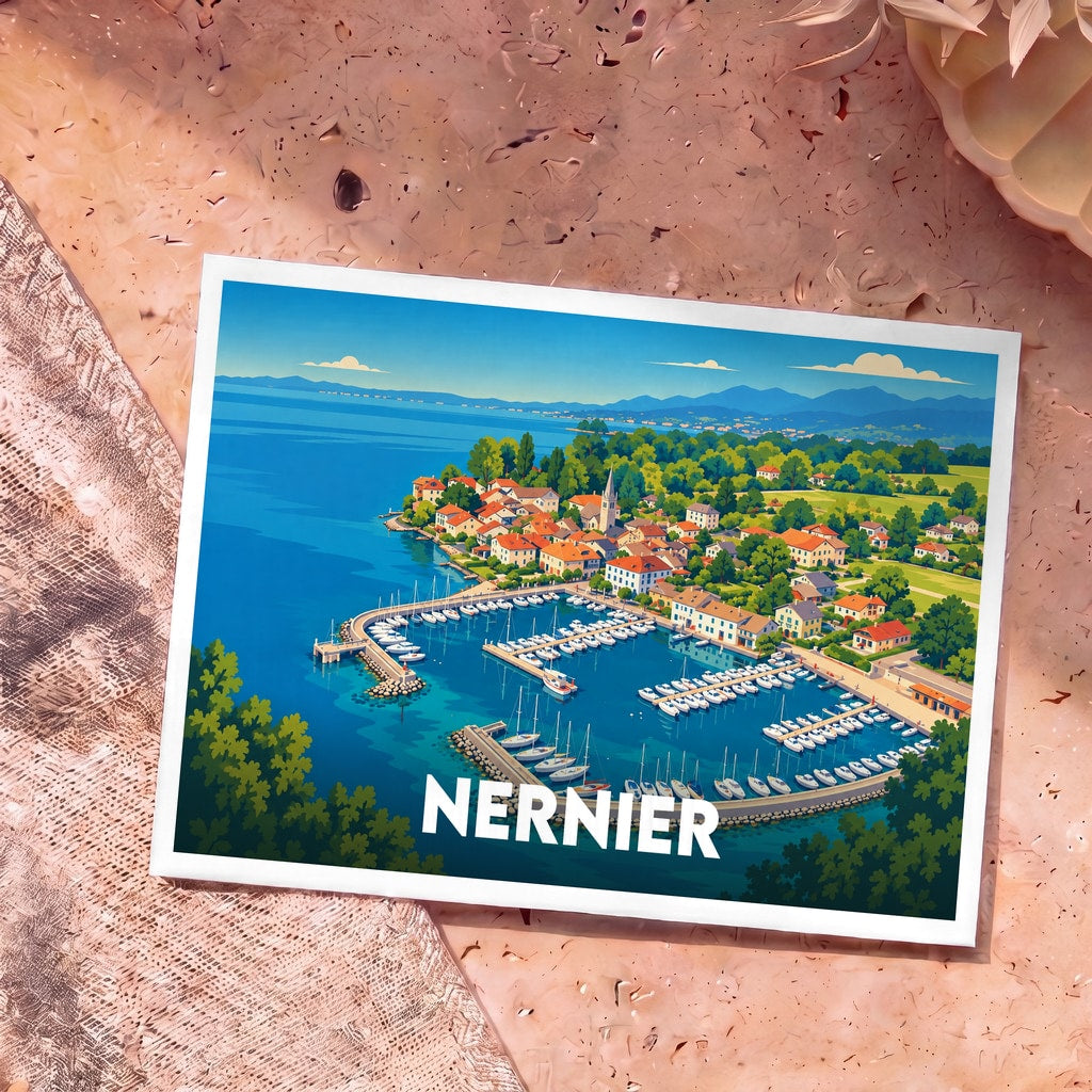 Carte postale souvenir de la ville de Nernier illustrant son port et son village dans un style graphique épuré.