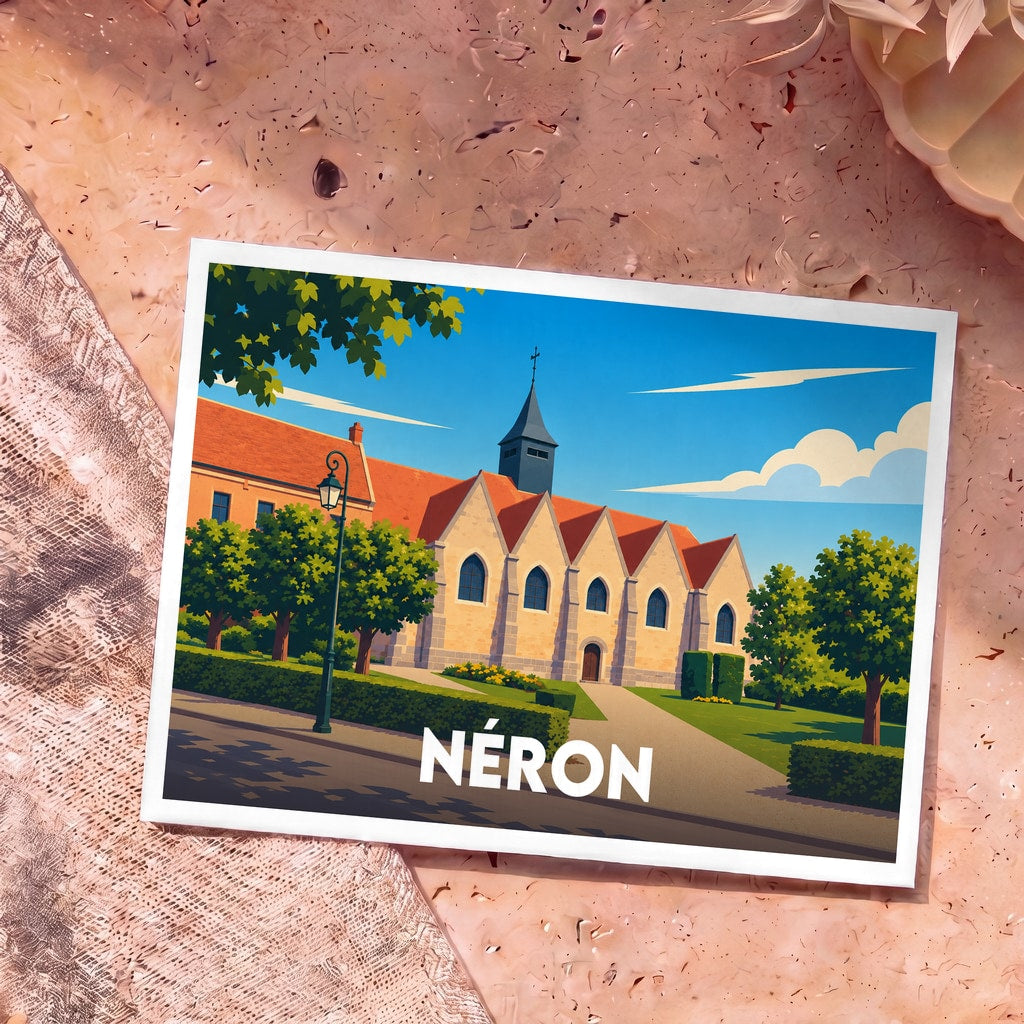 Carte postale souvenir de la ville de Néron avec une illustration stylisée d'une église sous un ciel bleu.