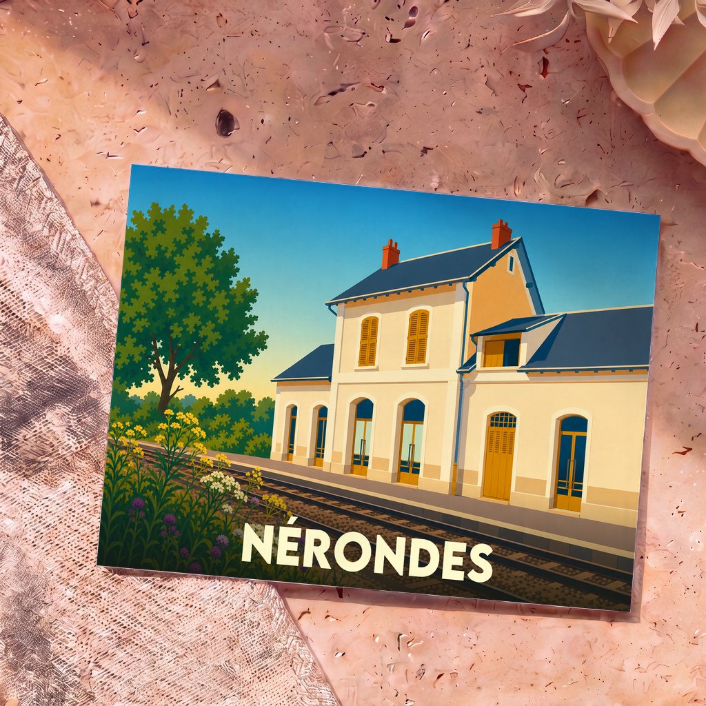 Carte postale souvenir de la ville de Nérondes avec une illustration stylisée de sa gare ferroviaire.