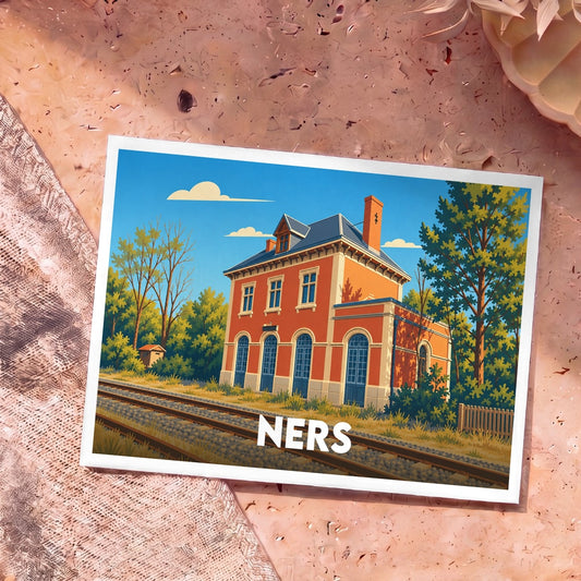 Carte postale souvenir de la ville de Ners avec une illustration stylisée de sa gare ferroviaire.