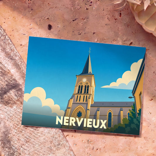 Carte postale souvenir de la ville de Nervieux arborant une illustration stylisée de son église sous un ciel bleu.
