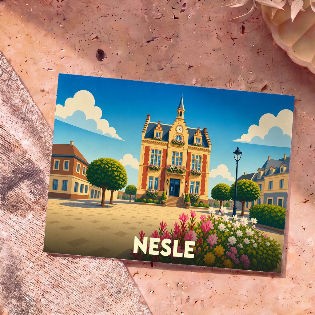 Carte postale souvenir de la ville de Nesle avec une illustration stylisée de son hôtel de ville fleuri.