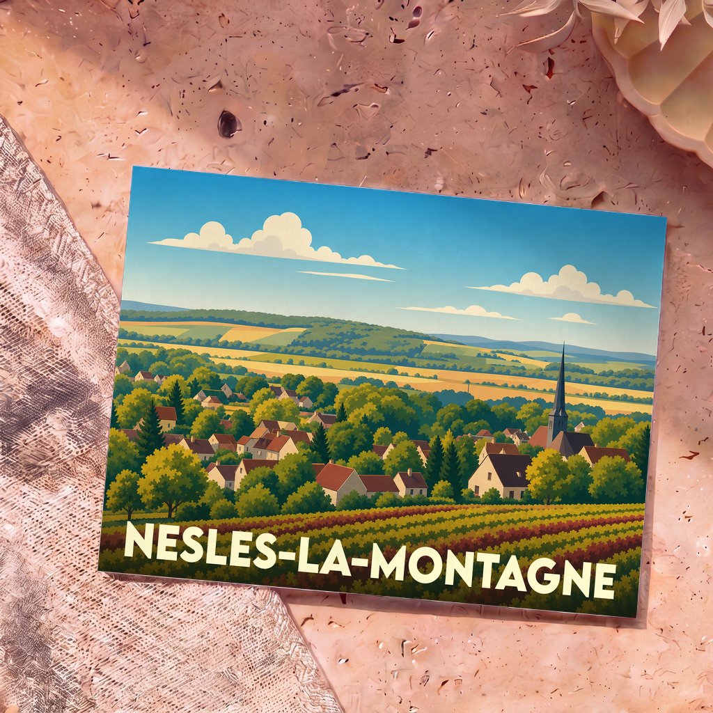 Carte postale souvenir de la ville de Nesles-la-Montagne illustrant un paysage de campagne vallonné et coloré.