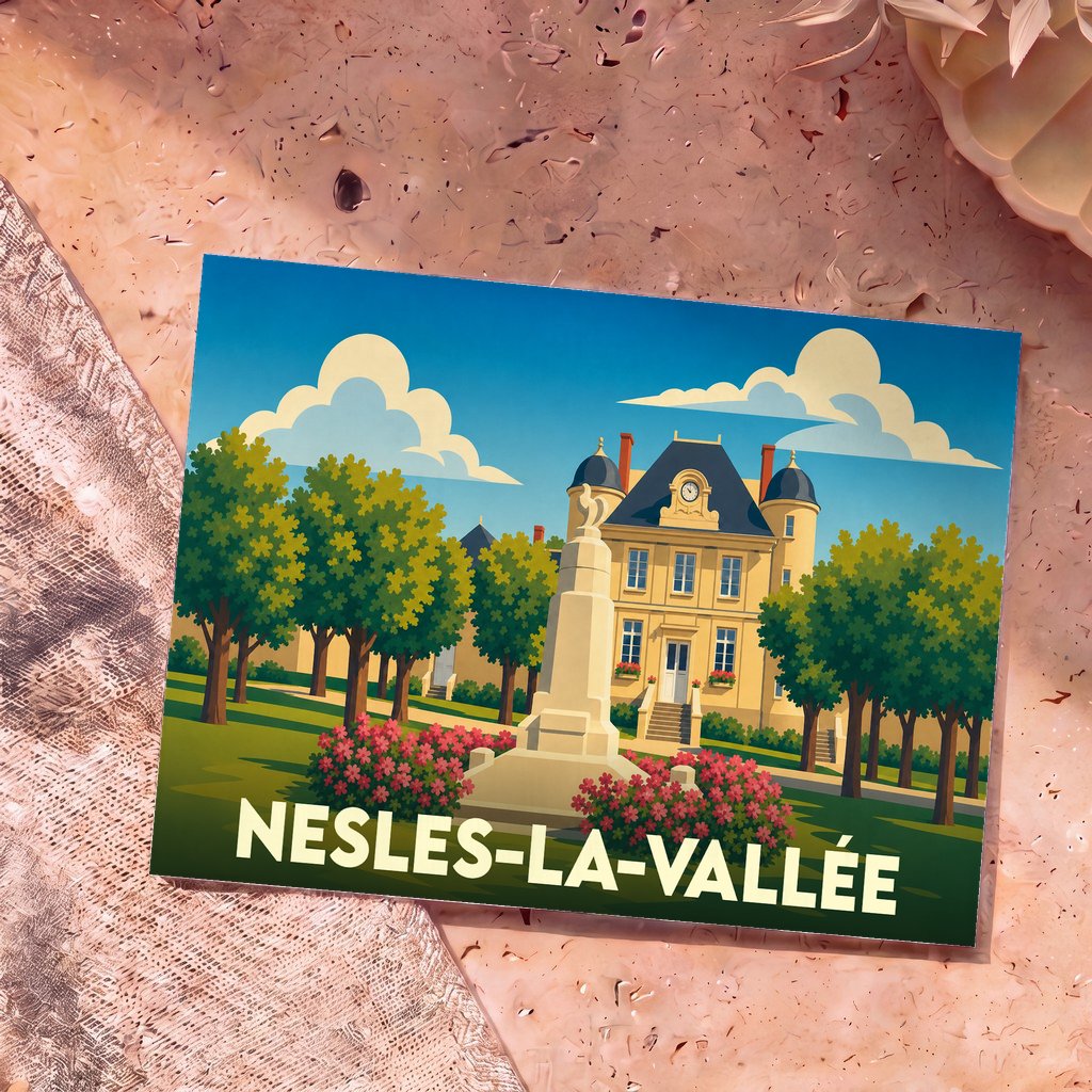 Carte postale souvenir de la ville de Nesles-la-Vallée avec une illustration stylisée de son patrimoine.