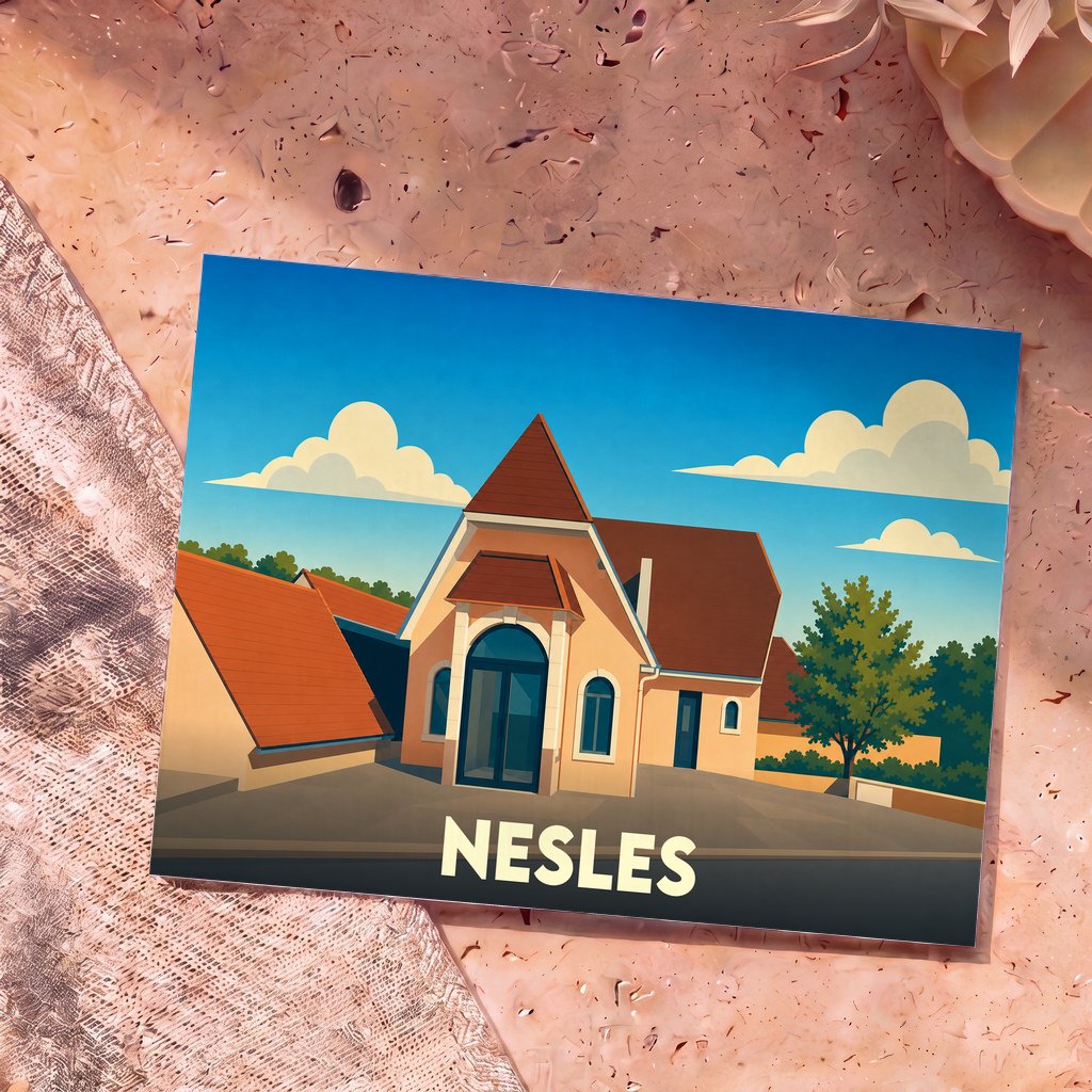 Carte postale souvenir de la ville de Nesles avec une illustration stylisée de son architecture.